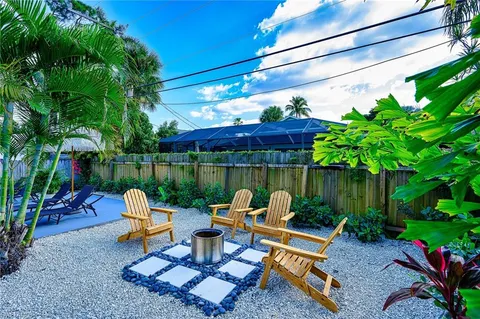 a garden view with a seating space