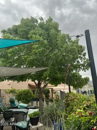 a view of a porch with furniture and garden