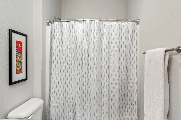 a bathroom with a toilet and shower curtain