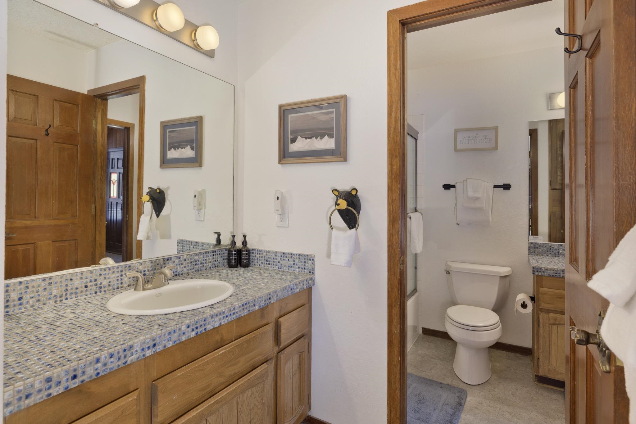 3005 Meridian Boulevard, Unit 47 Mammoth Lakes, CA 93546 - Photo 28 of 40 a bathroom with a granite countertop sink toilet and shower