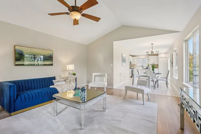 a living room with furniture and a potted plant