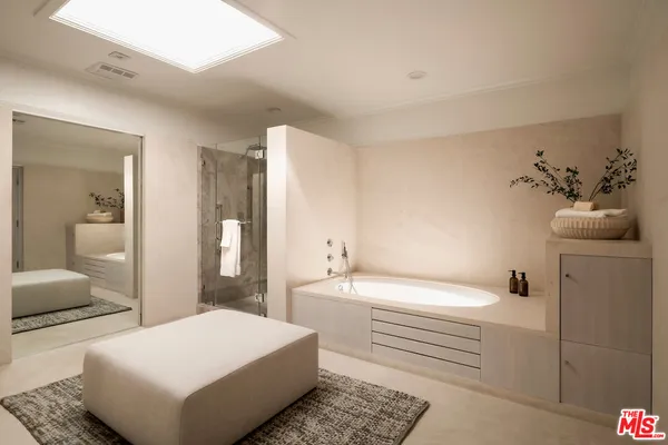 a bathroom with a bathtub and a shower