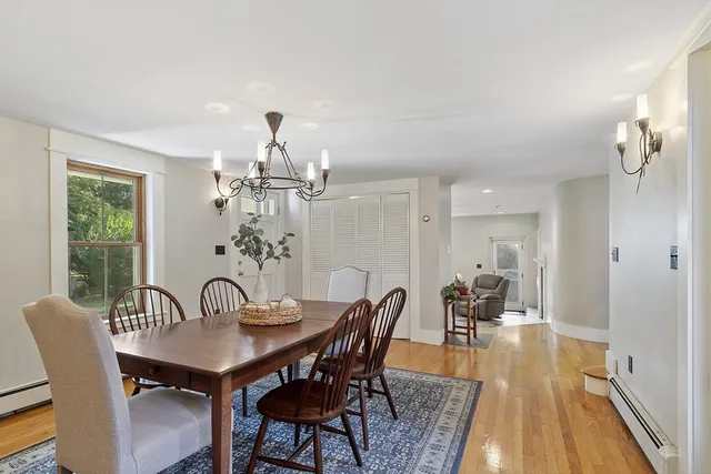a view of a dining room with furniture window and wooden floor