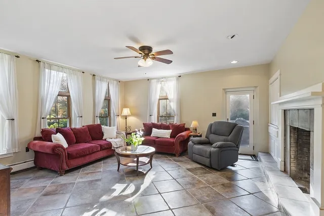 a living room with furniture a fireplace and a potted plant