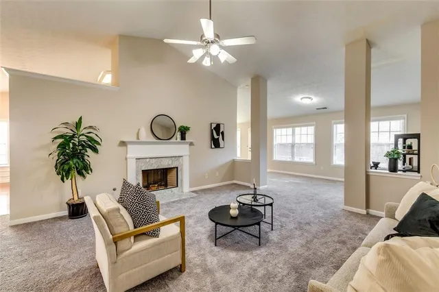 a living room with furniture a fireplace and a potted plant
