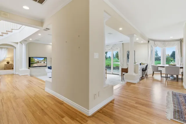 a view of a dining room with furniture
