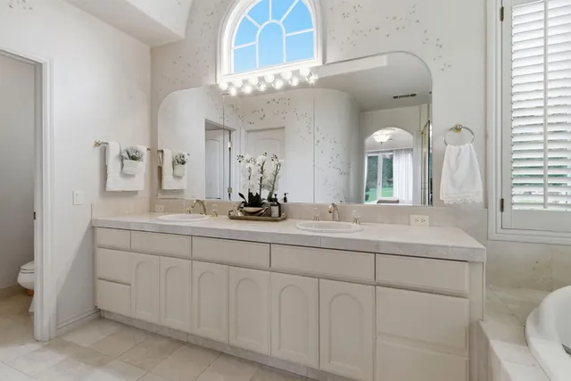a aerial view of a house with a yard and potted plants