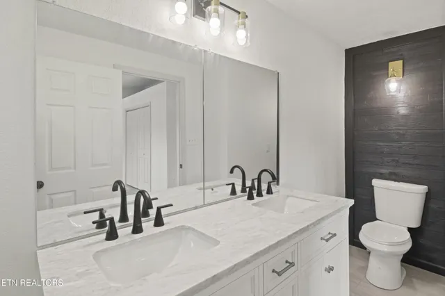 a bathroom with a granite countertop sink and a toilet