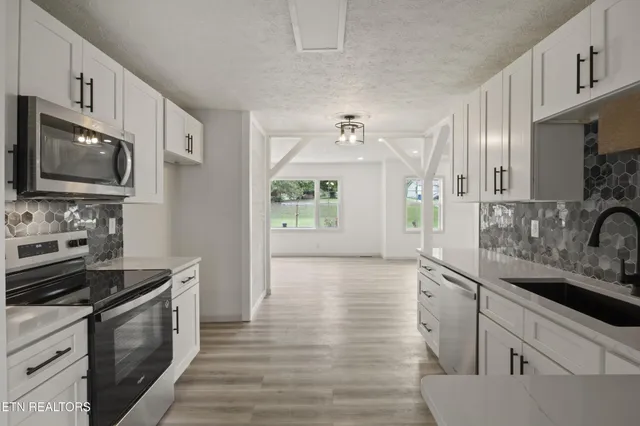 a kitchen with stainless steel appliances white cabinets a sink dishwasher a stove and a refrigerator with wooden floor