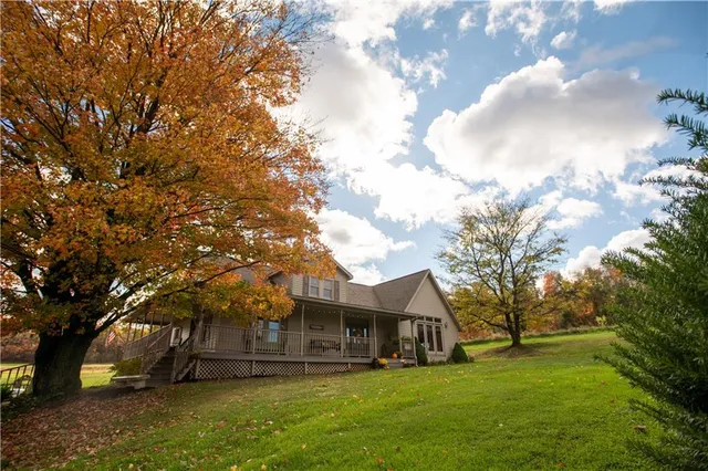 a view of a yard with a house in the background