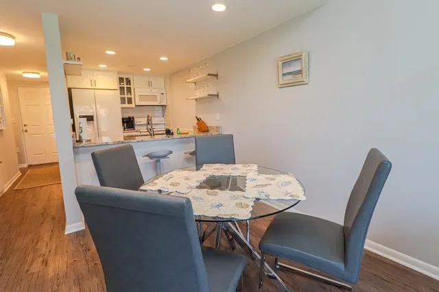 a view of a dining room with furniture