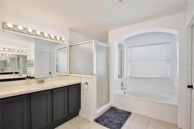 a bathroom with a tub sink shower and a mirror