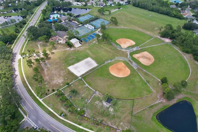 an aerial view of a swimming pool