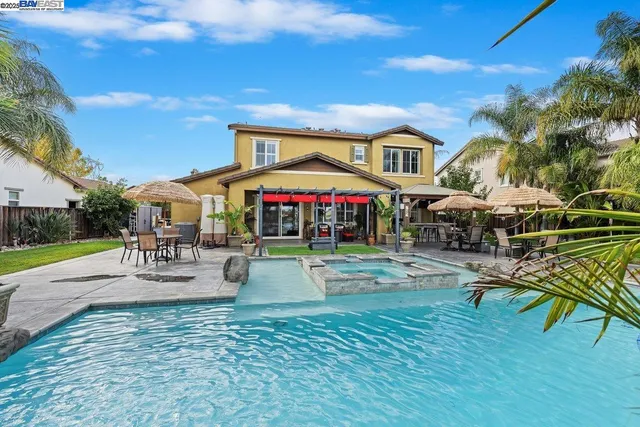 a front view of building with seating space