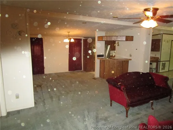 a living room with furniture a ceiling fan and a rug