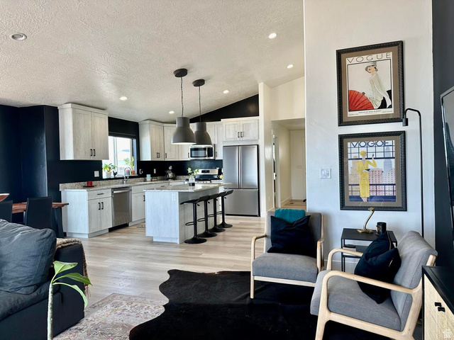 4349 Half Mile Road East Enoch, UT 84721 - Photo 6 of 36 Living area with light wood-style floors, a high textured ceiling, and recessed lighting
