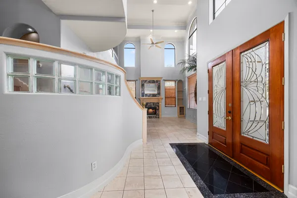 a hallway with windows