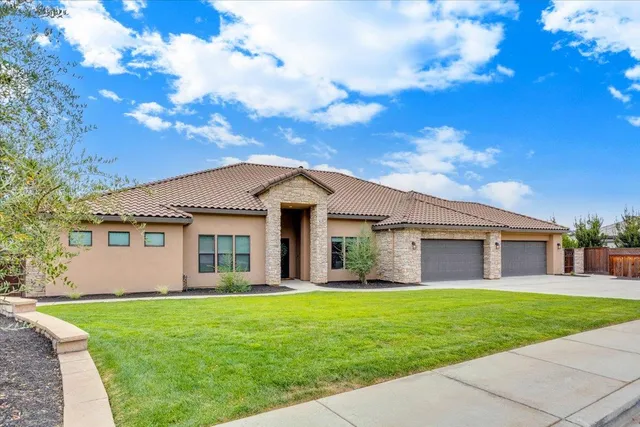 a view of a house with a big yard plants and large tree