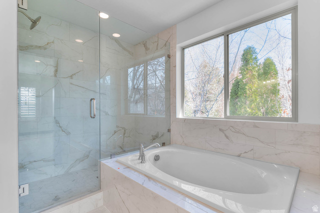 2724 Mt Jordan Road Sandy, UT 84092 - Photo 31 of 33 Full bath with a bath, a marble finish shower, and recessed lighting