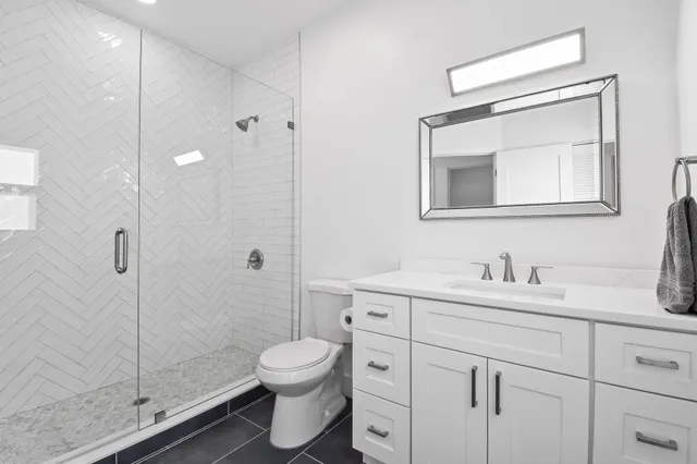 a bathroom with a shower and a toilet