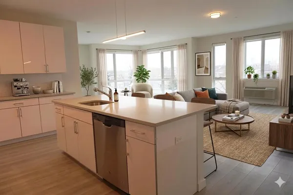 a kitchen with a sink cabinets and living room view