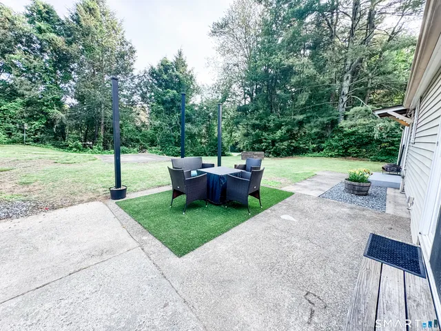 a view of a backyard with couches plants and large trees