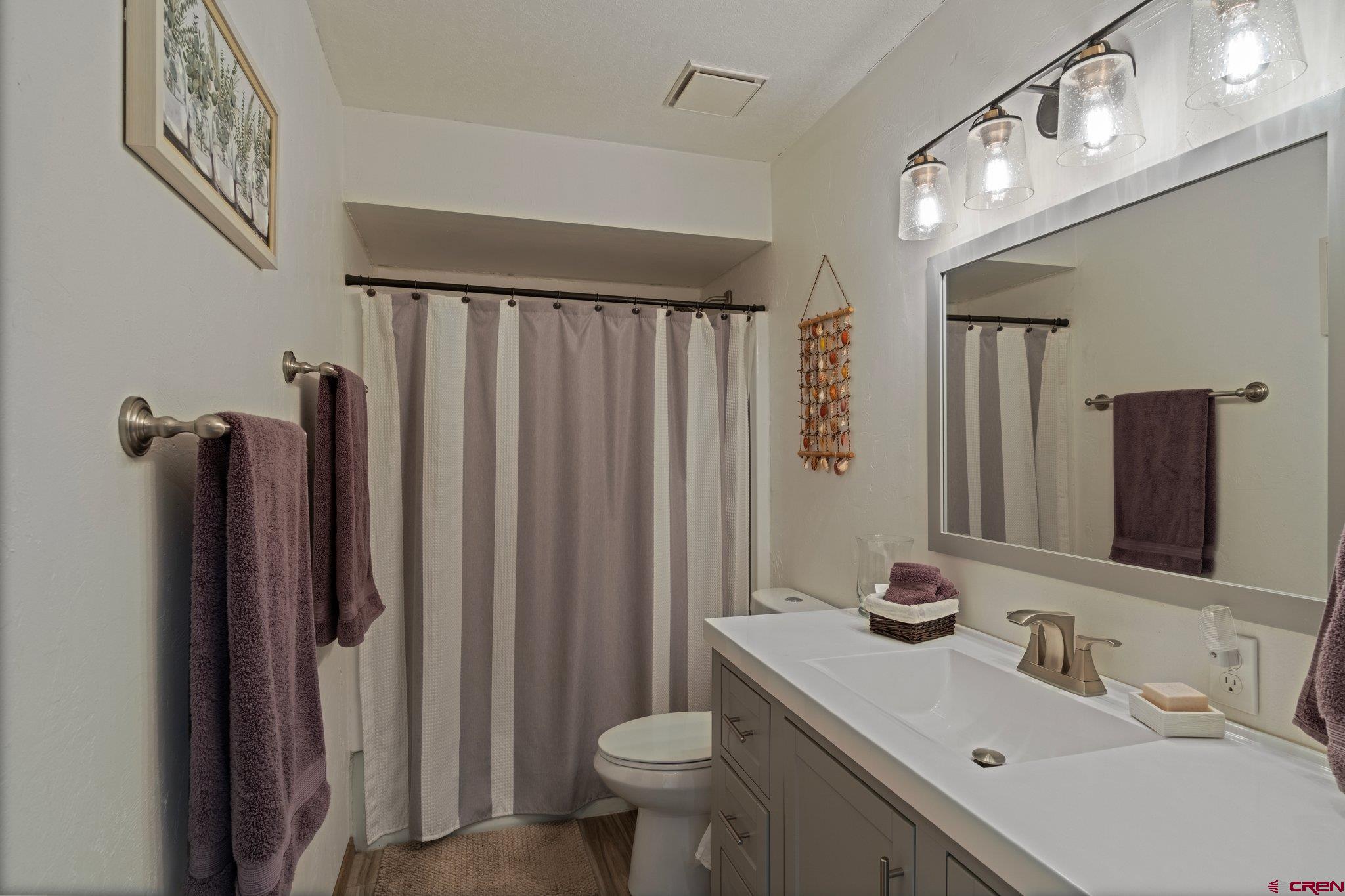 238 Pine Ridge Loop, Unit A1 Durango, CO 81301 - Photo 13 of 35 a bathroom with a sink a toilet a mirror and shower curtain