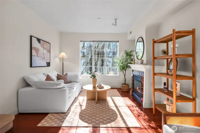 a living room with furniture and a rug