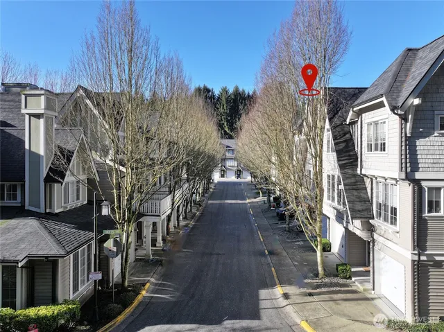 an aerial view of a swimming pool