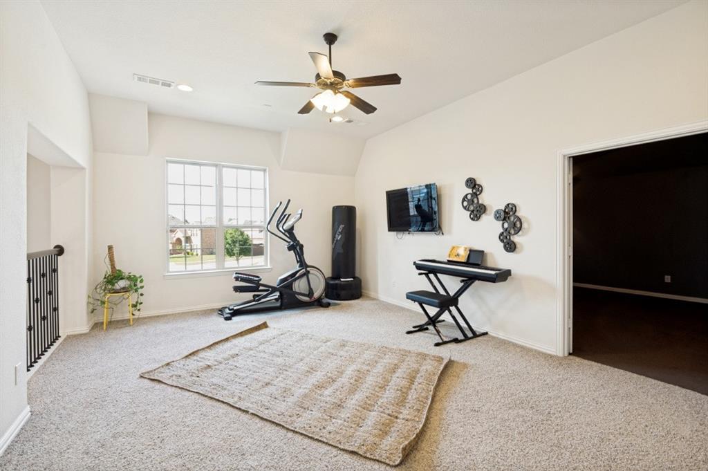 14215 Raspberry Lane Frisco, TX 75035 - Photo 17 of 30 Spacious carpeted room featuring vaulted ceilings, a multi-pane window, and a ceiling fan with integrated lighting