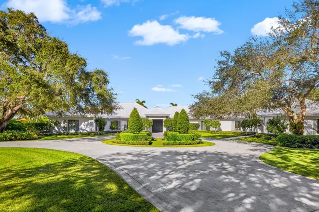 a view of a house with a big yard and potted plants and large trees