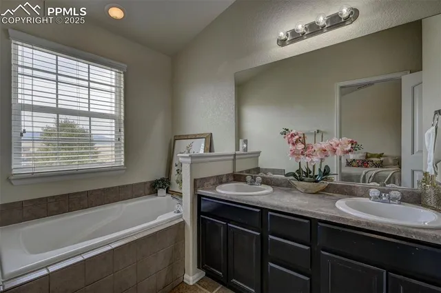 a bathroom with a tub double vanity sink and mirror