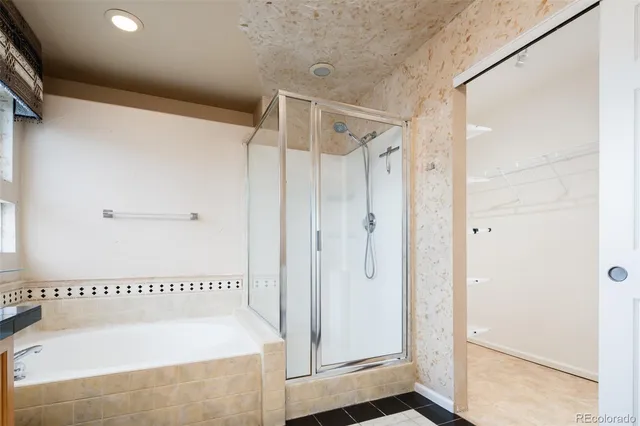 a bathroom with a bathtub and a shower