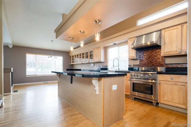 a kitchen with stainless steel appliances granite countertop a stove and a sink