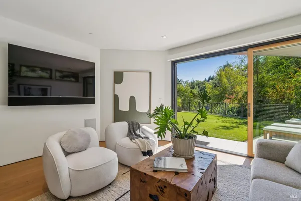 a living room with furniture and a potted plant