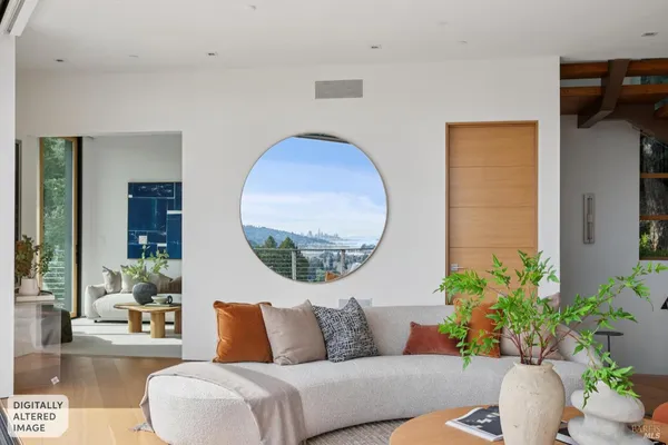 a living room with furniture and a potted plant