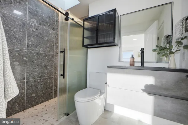 a bathroom with a sink a toilet and shower