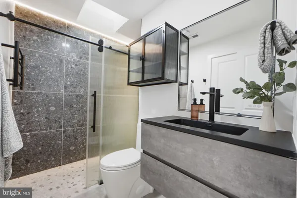 a bathroom with a sink a toilet and shower