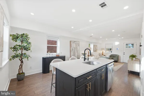 a kitchen with a sink potted plant and a large window