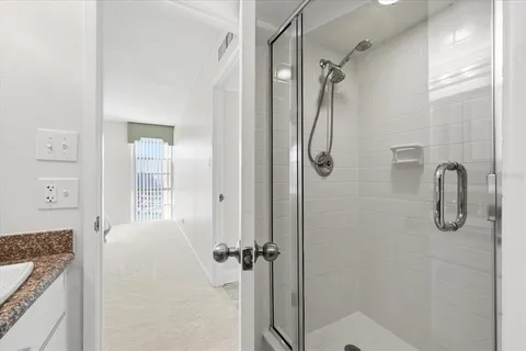 a bathroom with a granite countertop shower a mirror and a sink