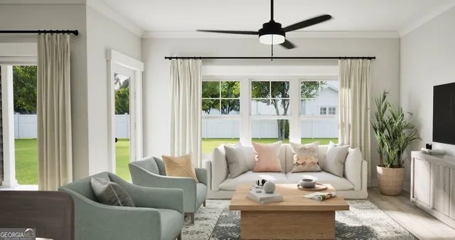 a living room with furniture and a large window