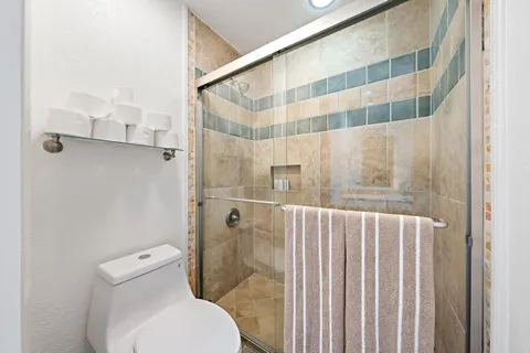 a bathroom with a toilet and shower