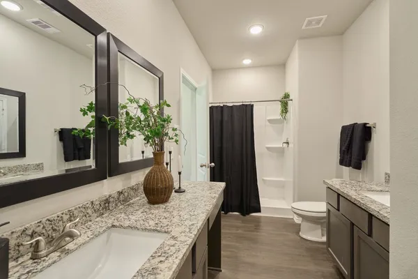 a bathroom with a granite countertop sink a toilet and a large mirror