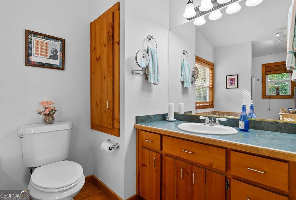 175 Oak Ledge Road Morganton, GA 30560 - Photo 41 of 50 a bathroom with a granite countertop toilet sink and mirror