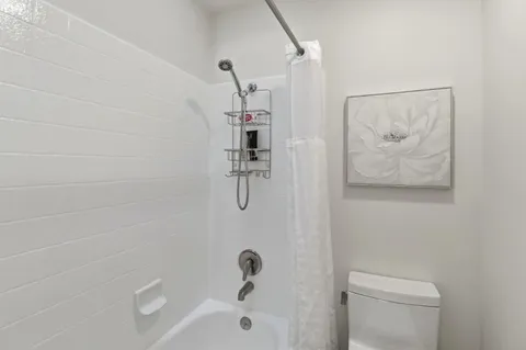 a bathroom with a shower and a toilet