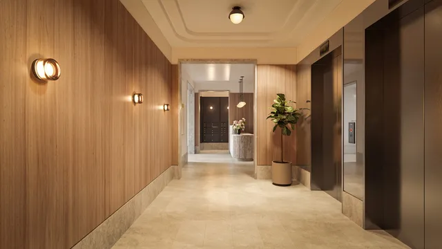 a view of a hallway with wooden shelves