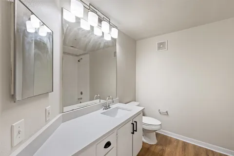 a bathroom with a double vanity sink mirror and toilet