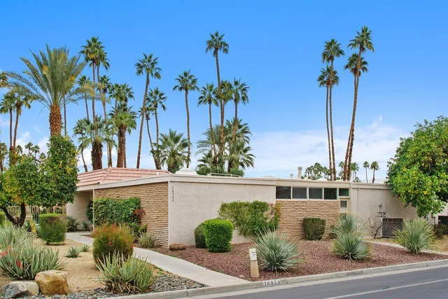 a view of a house with a yard and potted plants