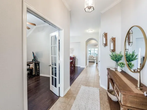 a hallway with a potted plant on the floor