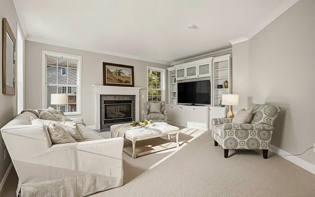 a living room with furniture a flat screen tv and a fireplace